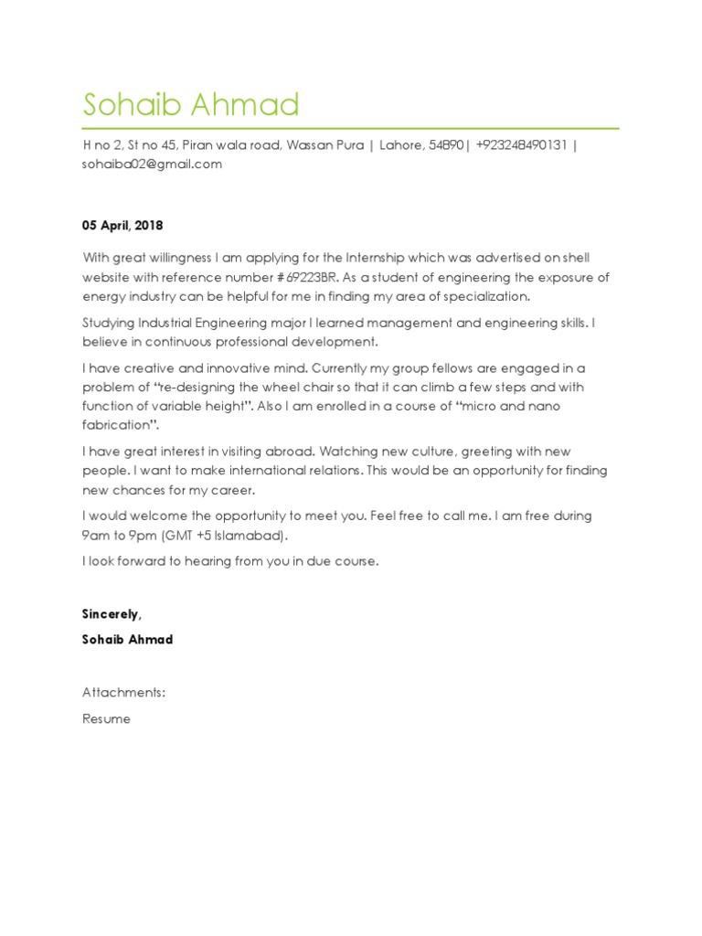 Internship Application by Sohaib Ahmad | PDF