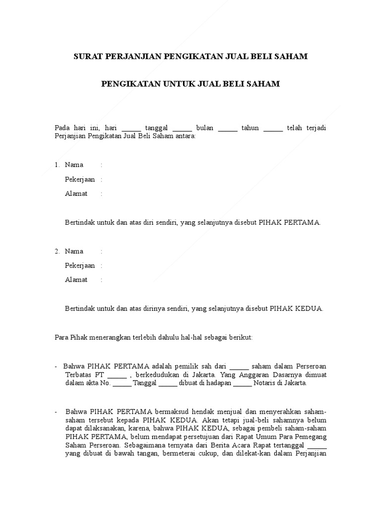 Surat Perjanjian Pengikatan Jual Beli Saham | PDF