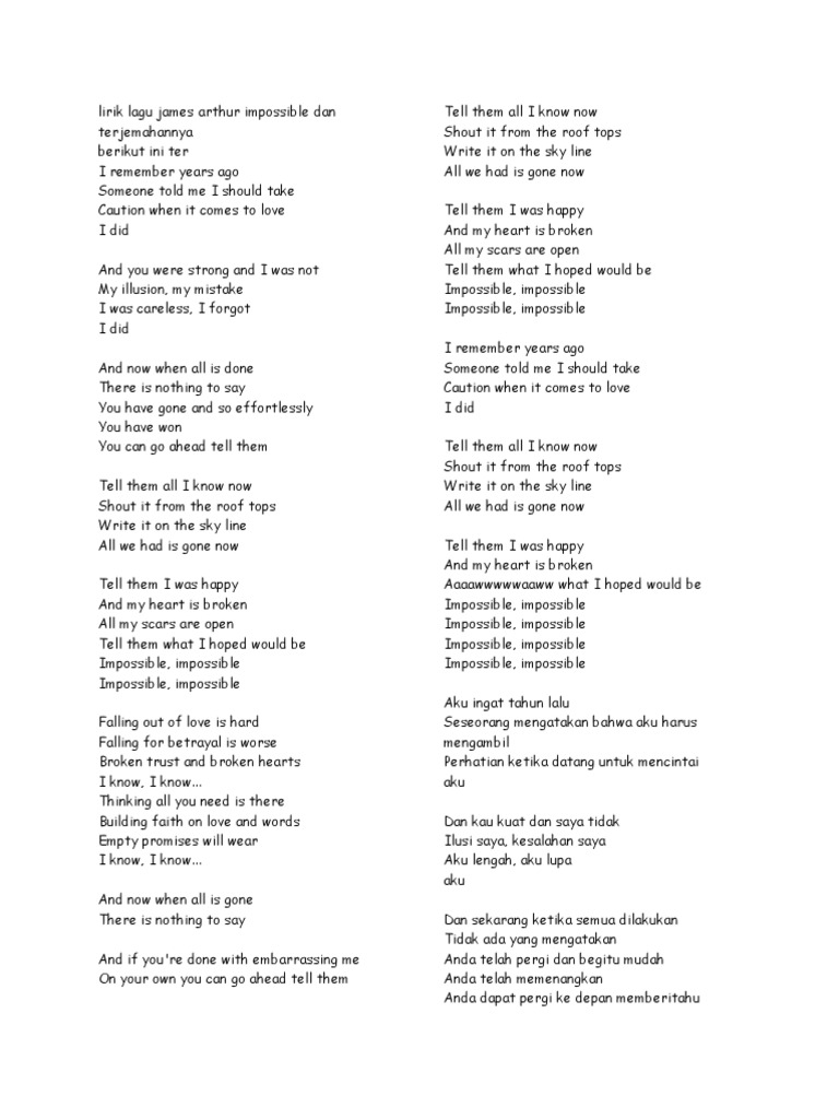 Lirik Lagu James Arthur Impossible Dan Terjemahannya