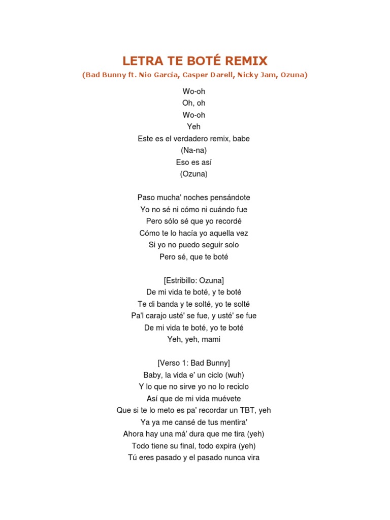 Letra Te Bote Remix Ocio Entretenimiento General