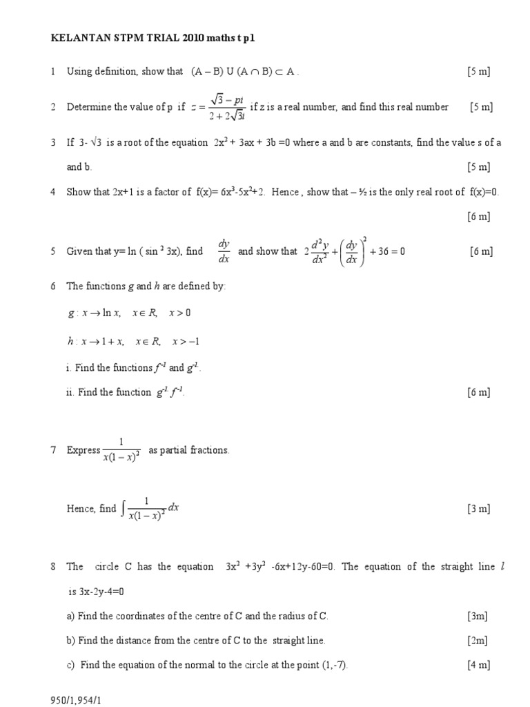 Kelantan STPM Trial 2010 Maths Paper 1 | PDF