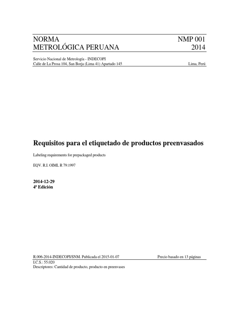 NMP 001-2014 PDF | PDF | Volumen | Unidades de medida