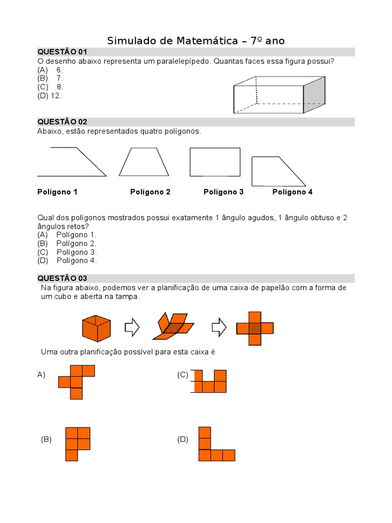 Simulado De Matemática 7o Ano Pdf Geometria Ensino De Matemática