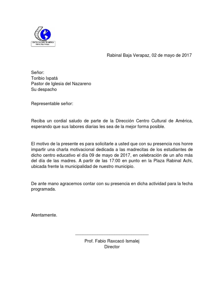 Carta De Solicitud Para Charla Mitivacional Pdf