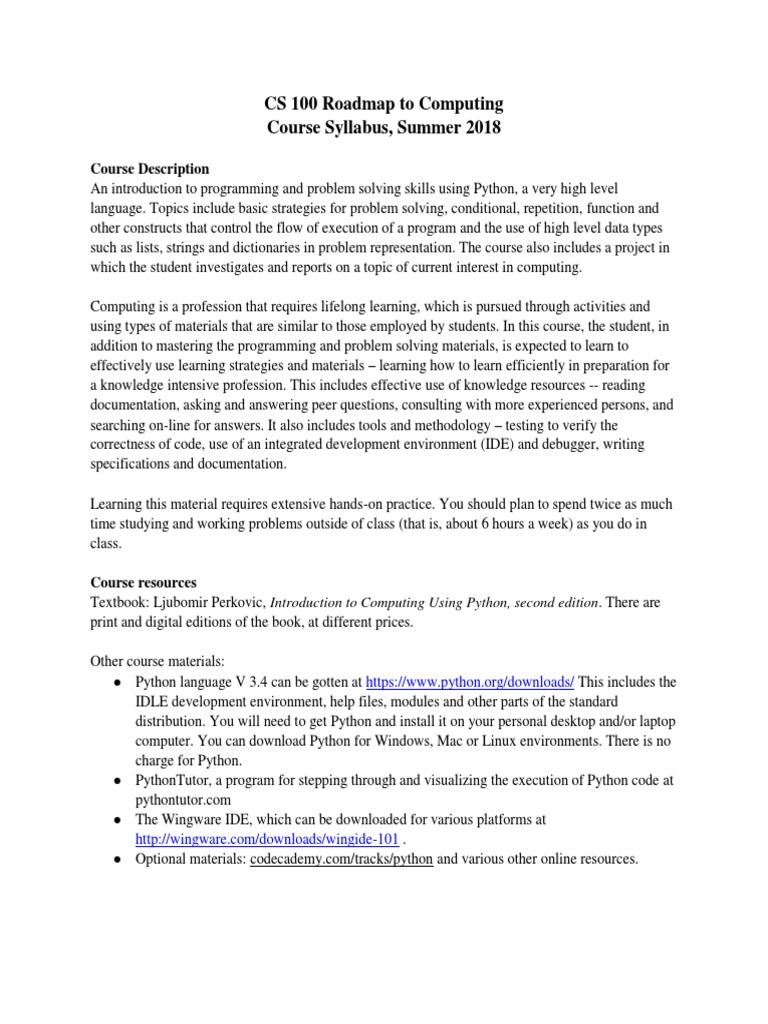 CS 100 Roadmap To Computing Course Syllabus, Summer 2018 | PDF | Python ...