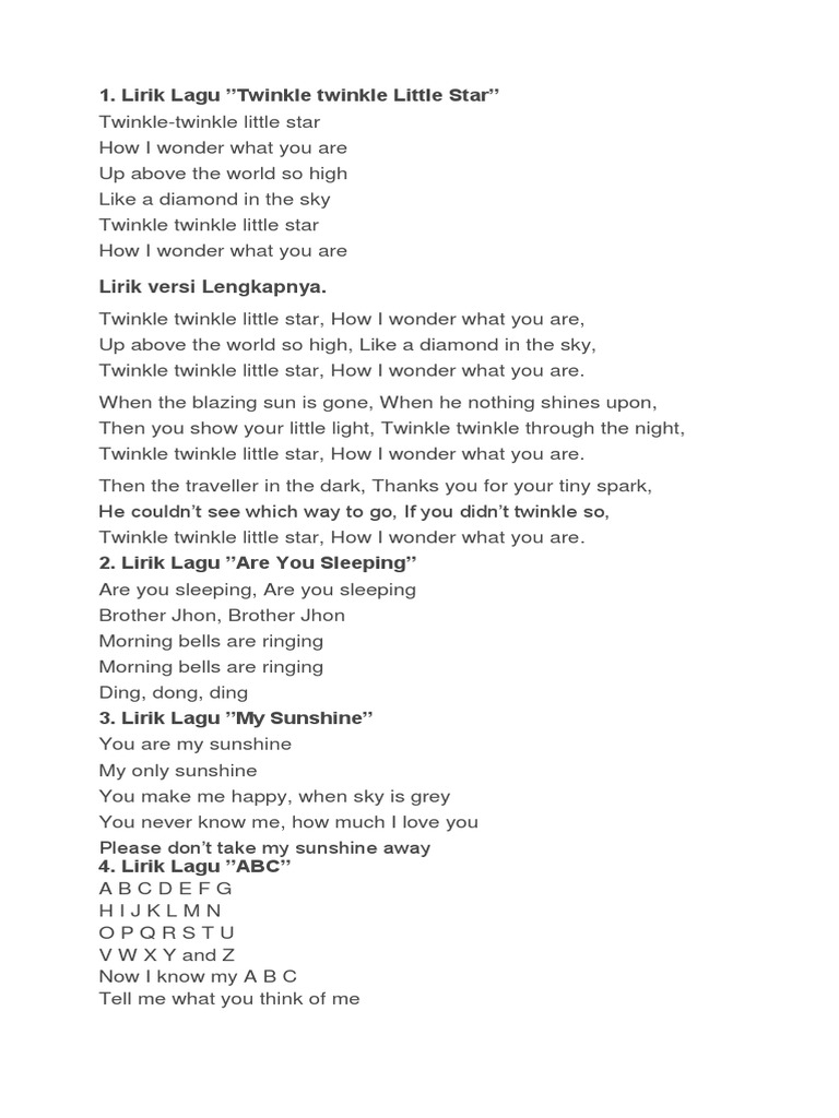 Lirik Lagu Anak You Are My Sunshine - Arsia Lirik