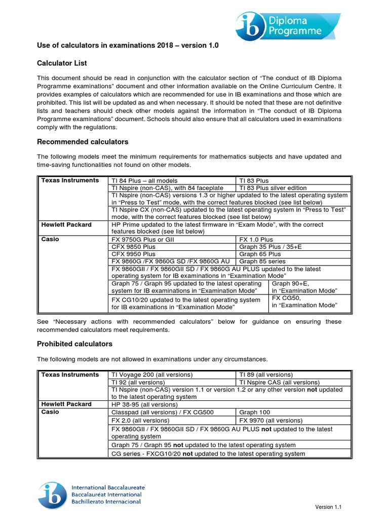 IB2018 Use of Calculators in Examinations PDF PDF Calculator Mathematical Analysis