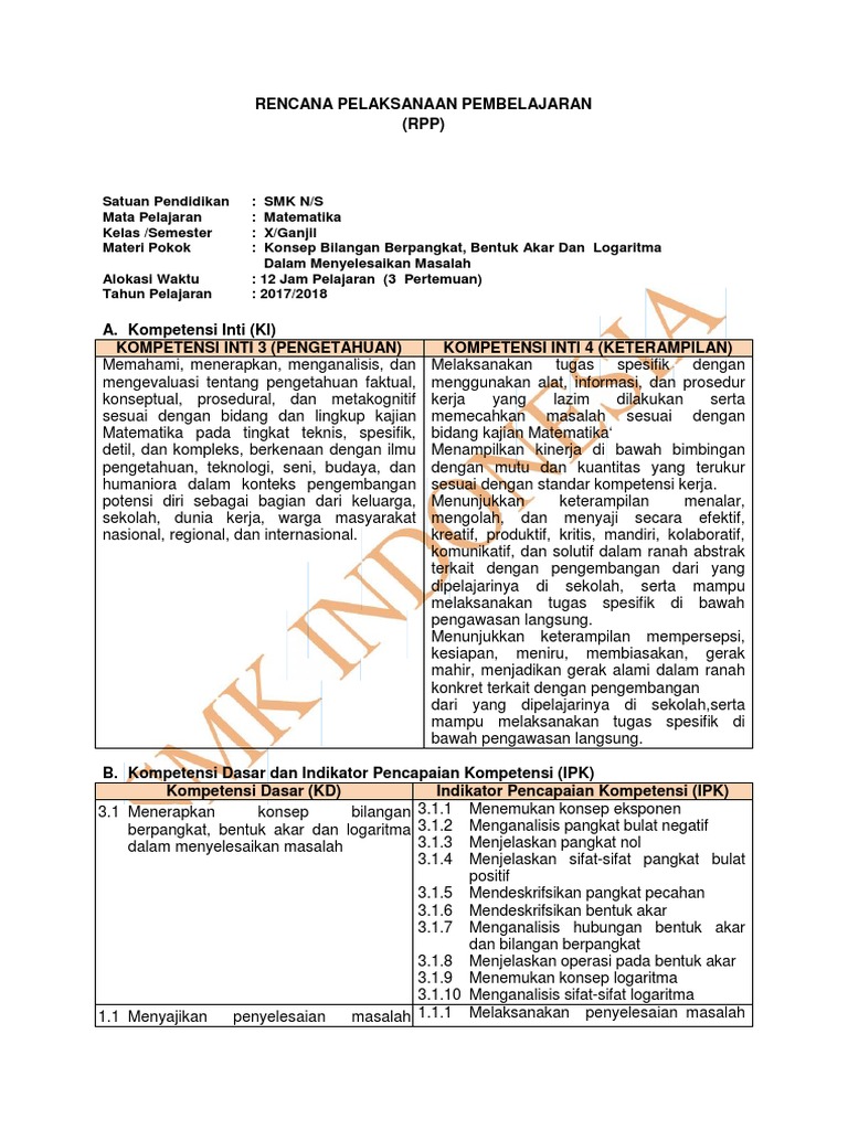 Rpp Matematika Kelas 10 Smk Pdf