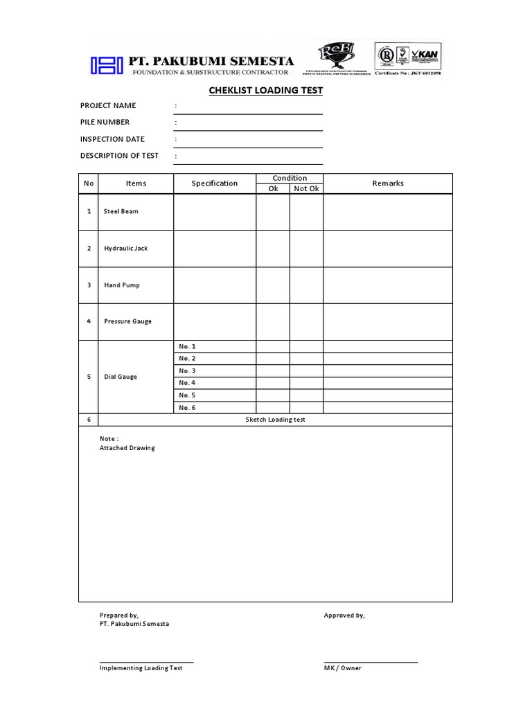 Checklist Loading Test | PDF | Technology & Engineering
