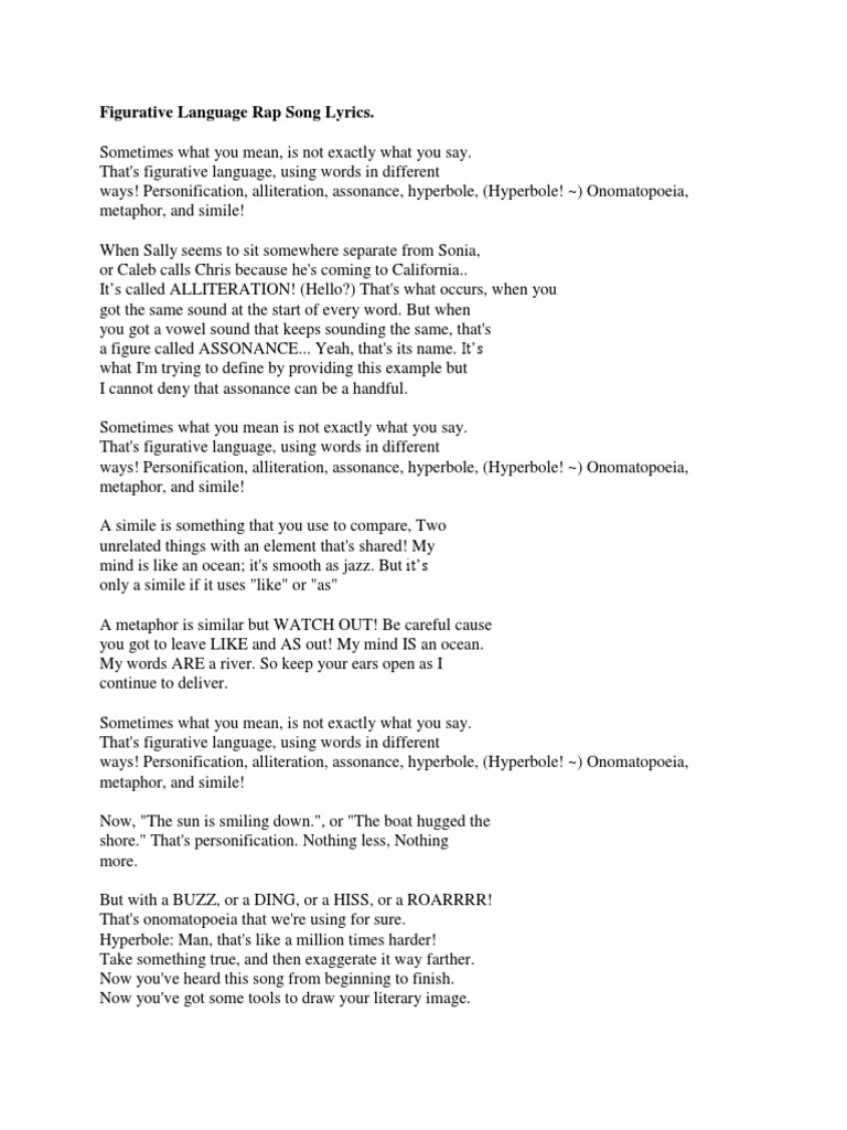 Figurative Language Rap Song Lyrics Docx Metaphor Semiotics