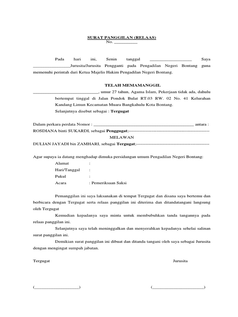 Contoh Relaas Pemanggilan | PDF