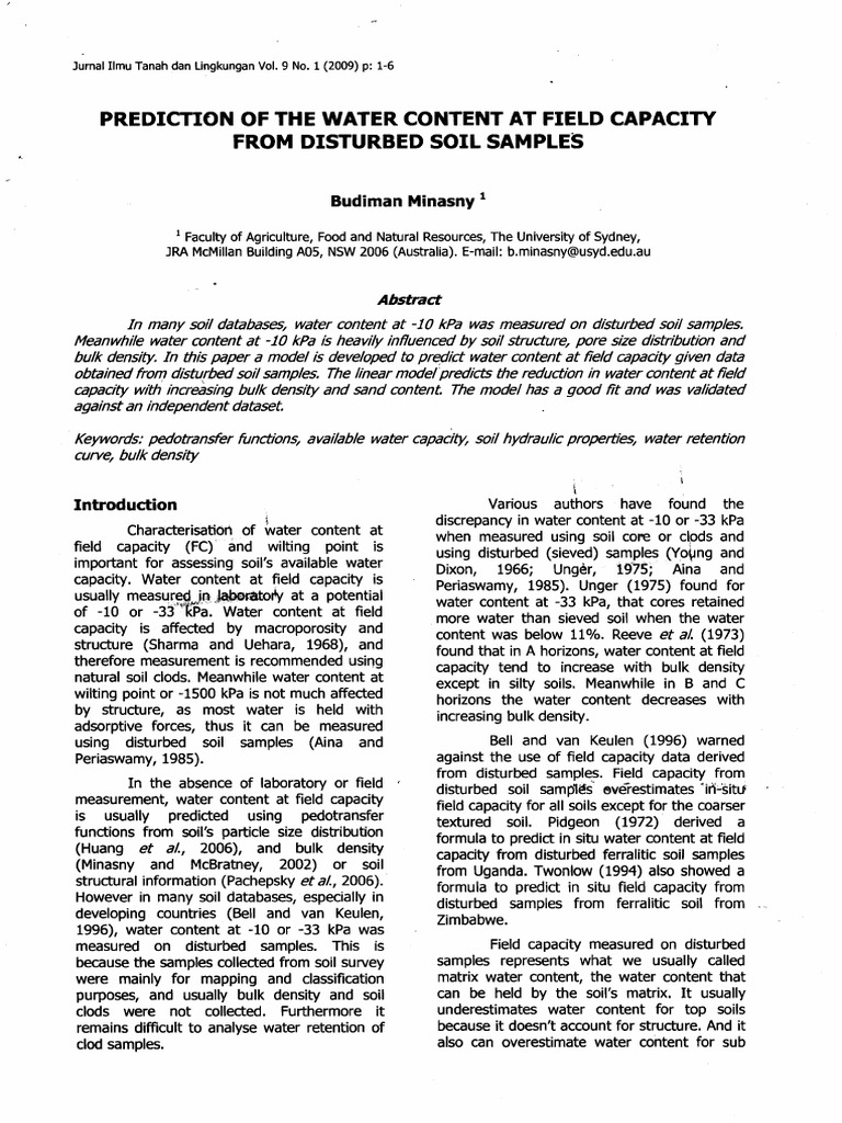 Predicting Field Capacity Water Content from Disturbed Soil Samples