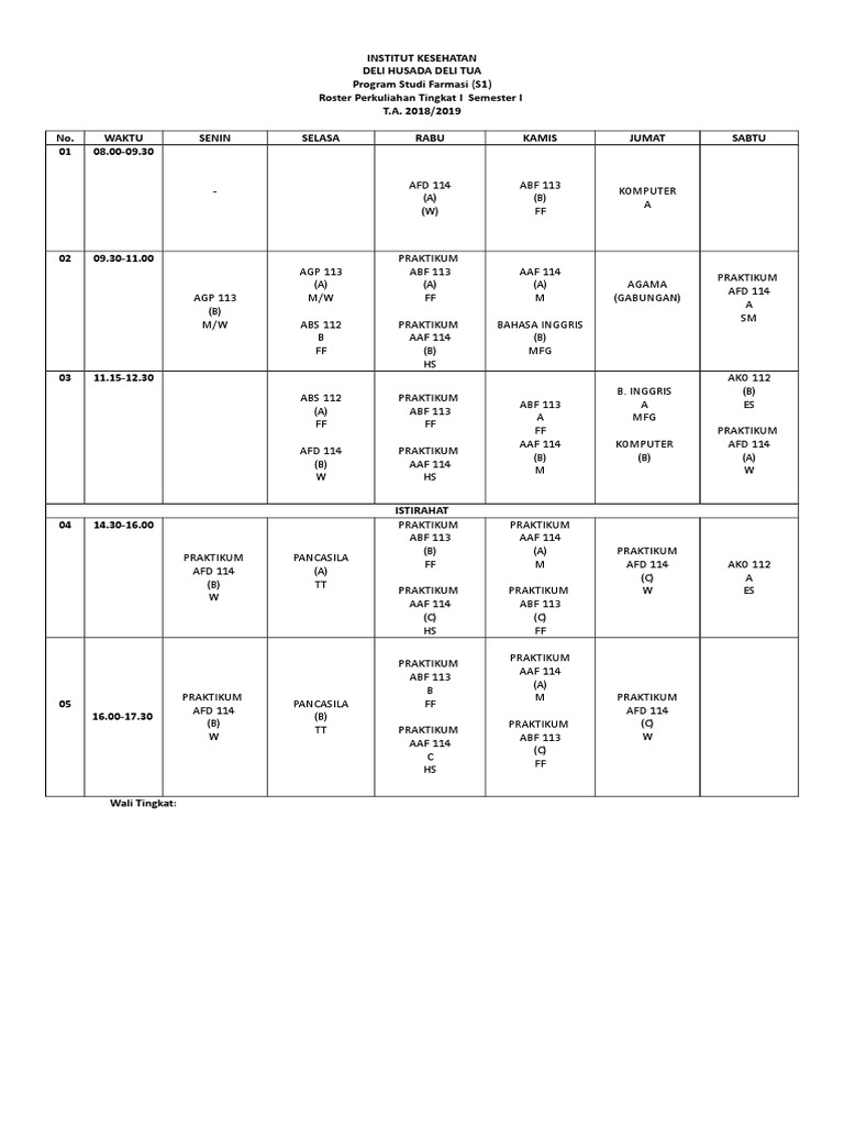 Roster Perkuliahan Farmasi S1 2018/2019 | PDF
