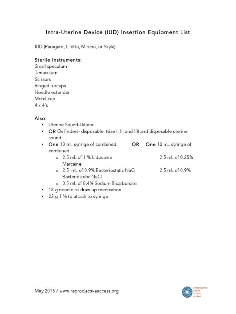 Intra-Uterine Device (IUD) Insertion Equipment List | PDF
