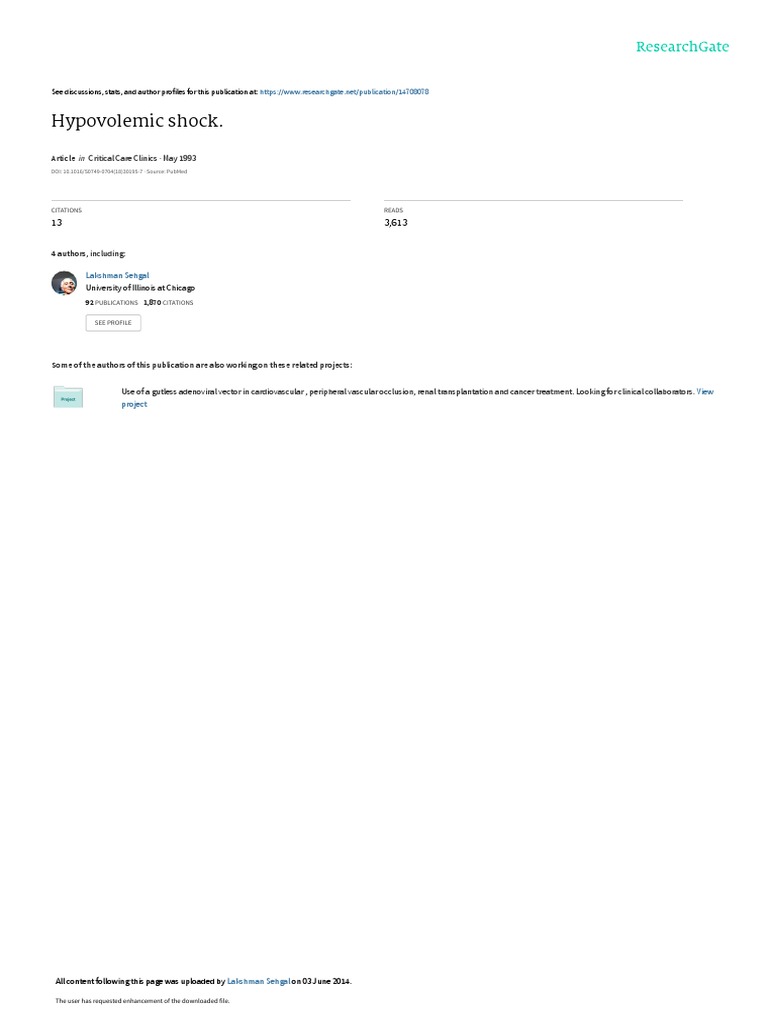 Hypovolemic Shock. Critical Care Clinics May 1993 PDF Blood