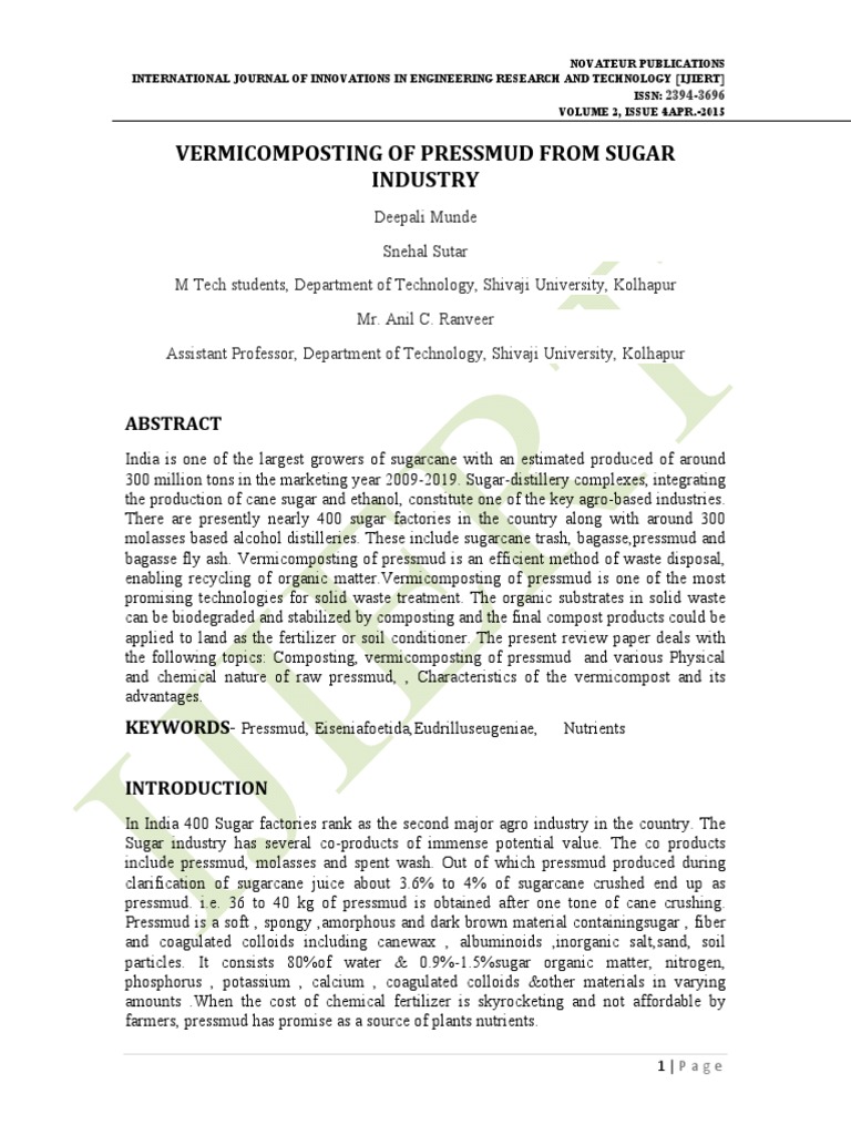 Vermicomposting of Sugar Industry Pressmud | PDF | Compost | Fertilizer