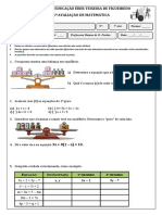 Avaliação I - 7º Ano - 3º Bimestre - Equação 1º Grau