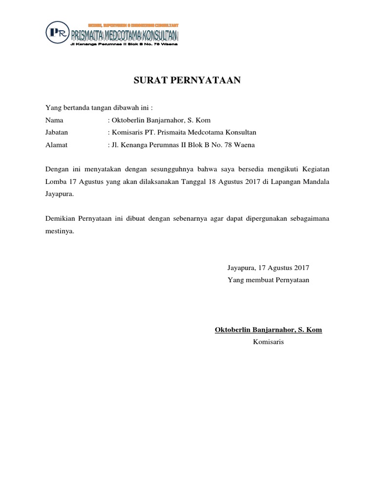 Contoh Surat Pernyataan Tidak Dapat Mengikuti Kegiatan