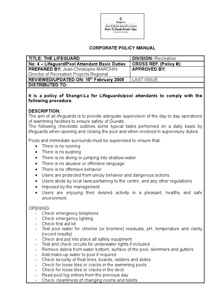 4 Lifeguard-Pool Attendant Basic Duties | PDF | Swimming Pool | Nature
