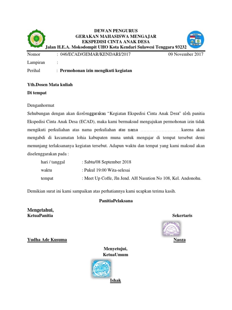 Contoh Surat Izin Organisasi Kepanitiaan