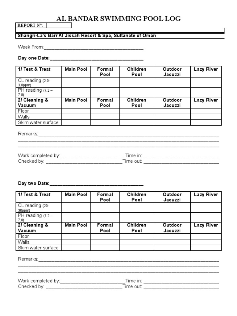 9 Al Bandar Swimming Pool Log Form Swimming Pool Bathing