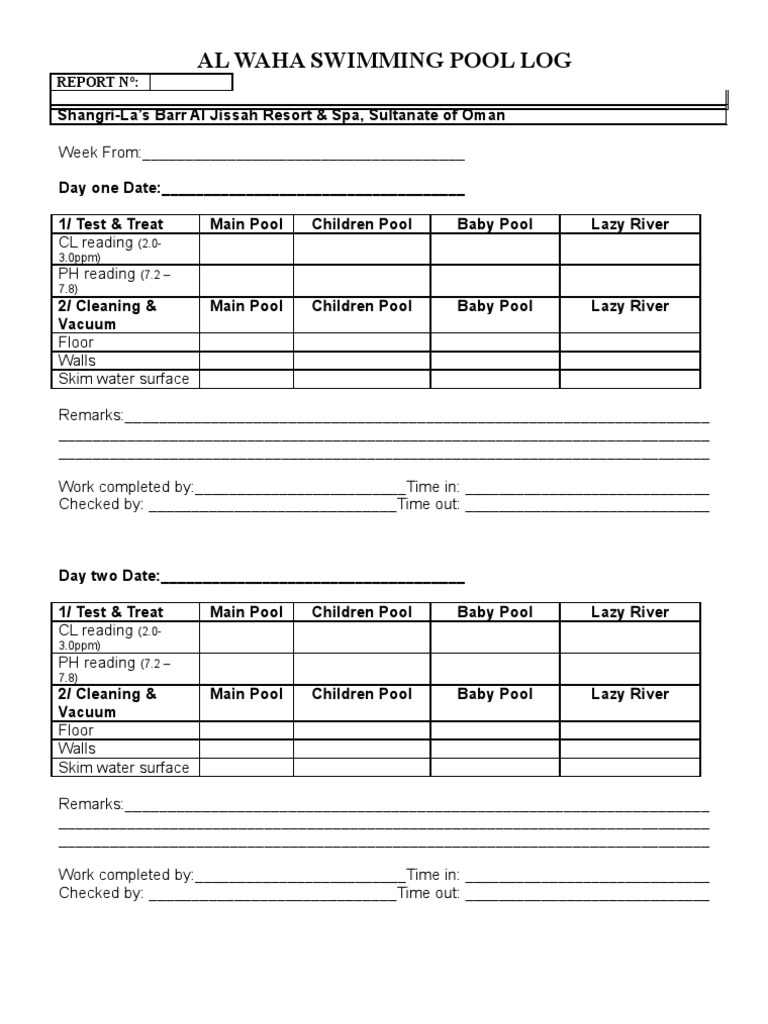 Weekly Swimming Pool Maintenance Log | PDF | Swimming Pool | Hygiene