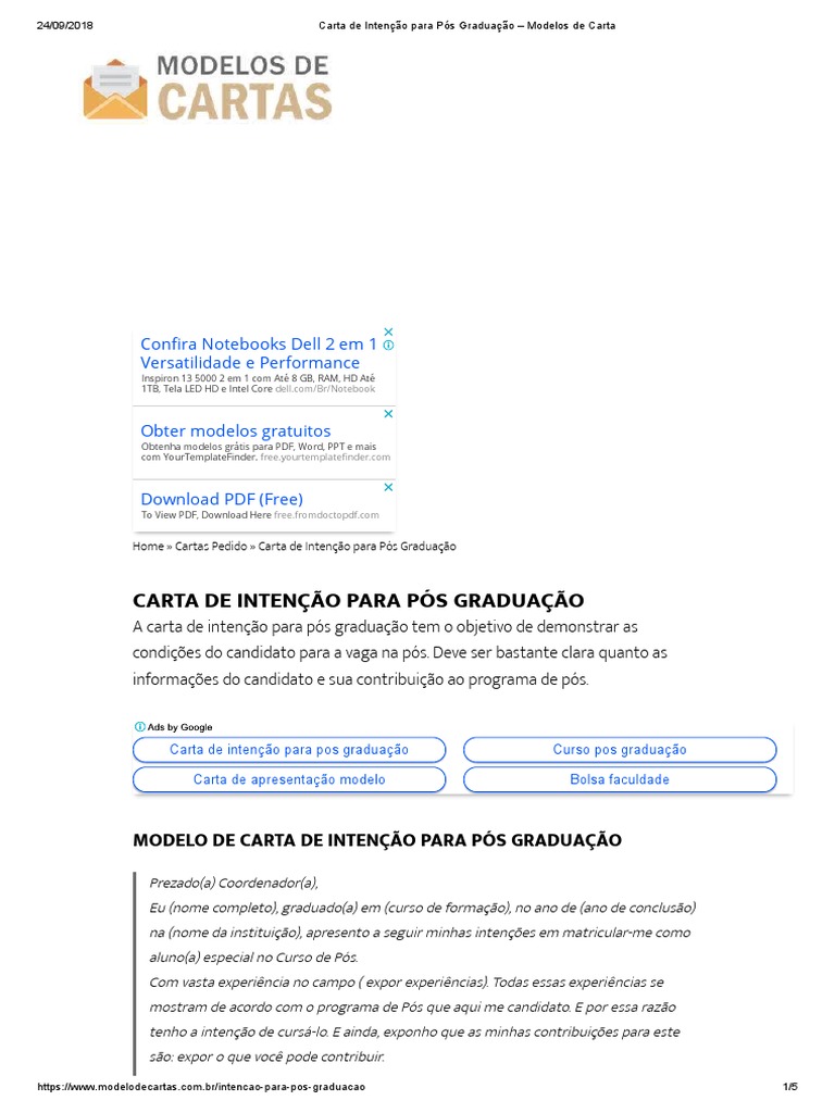Carta de Intenção Para Pós Graduação – Modelos de Carta  Postgraduate
