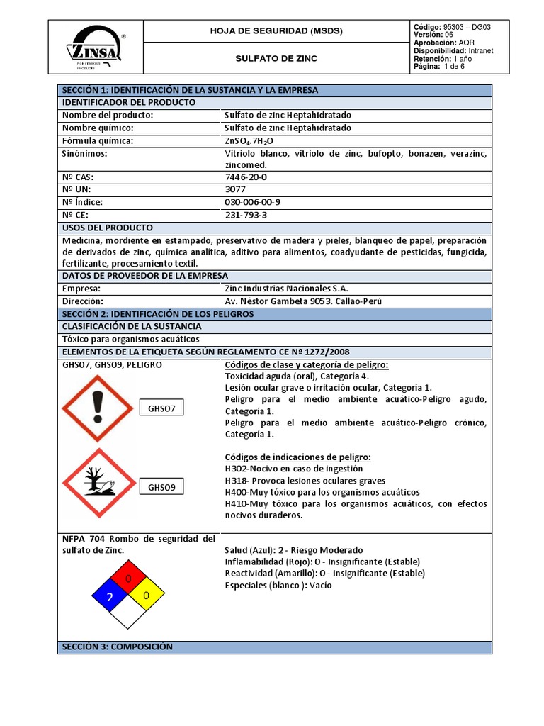 (95303DG03) MSDS Sulfato de ZincV6 Administración de Seguridad y