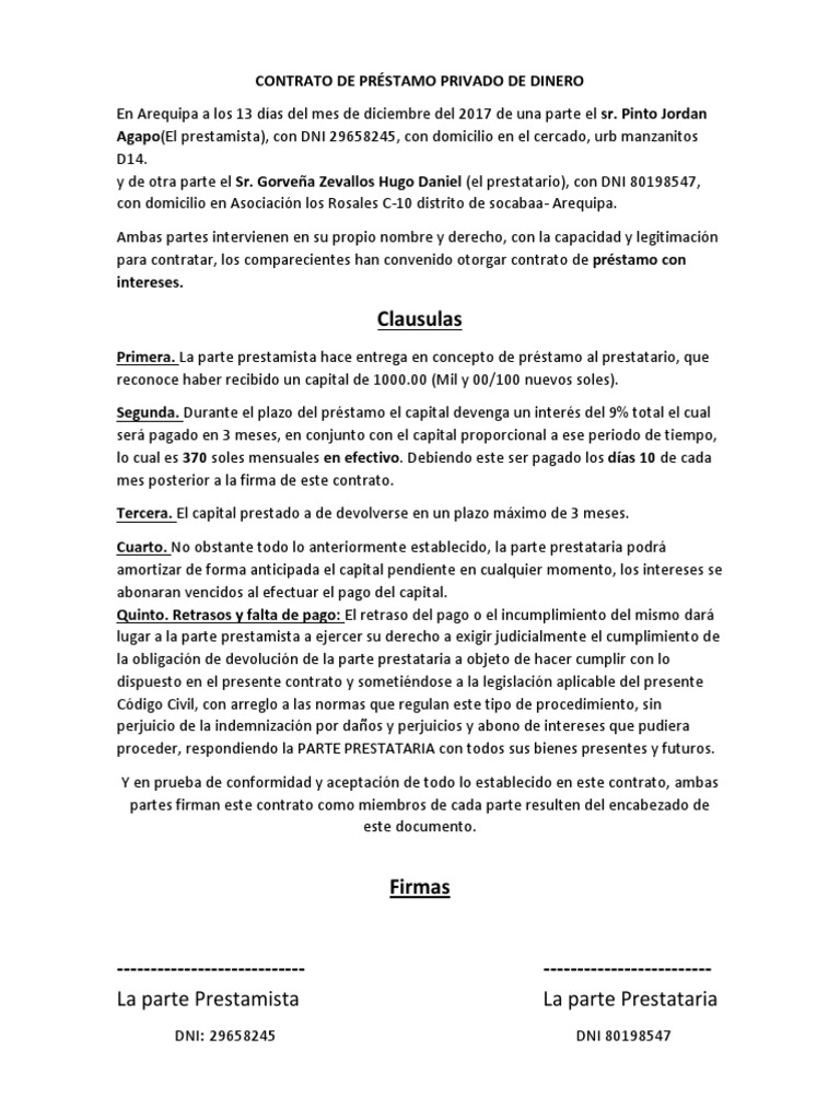 Contrato de Préstamo Privado de Dinero | PDF | Pagos | Préstamo hipotecario