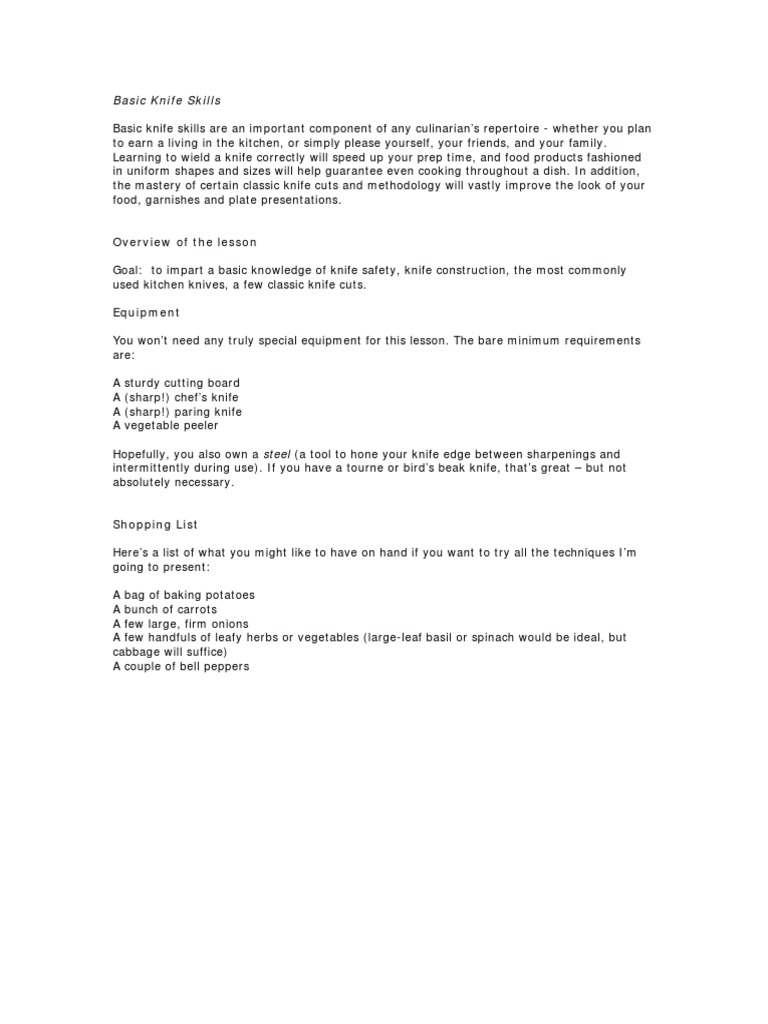Basic Knife Skills Guide PDF PDF Knife Cooking