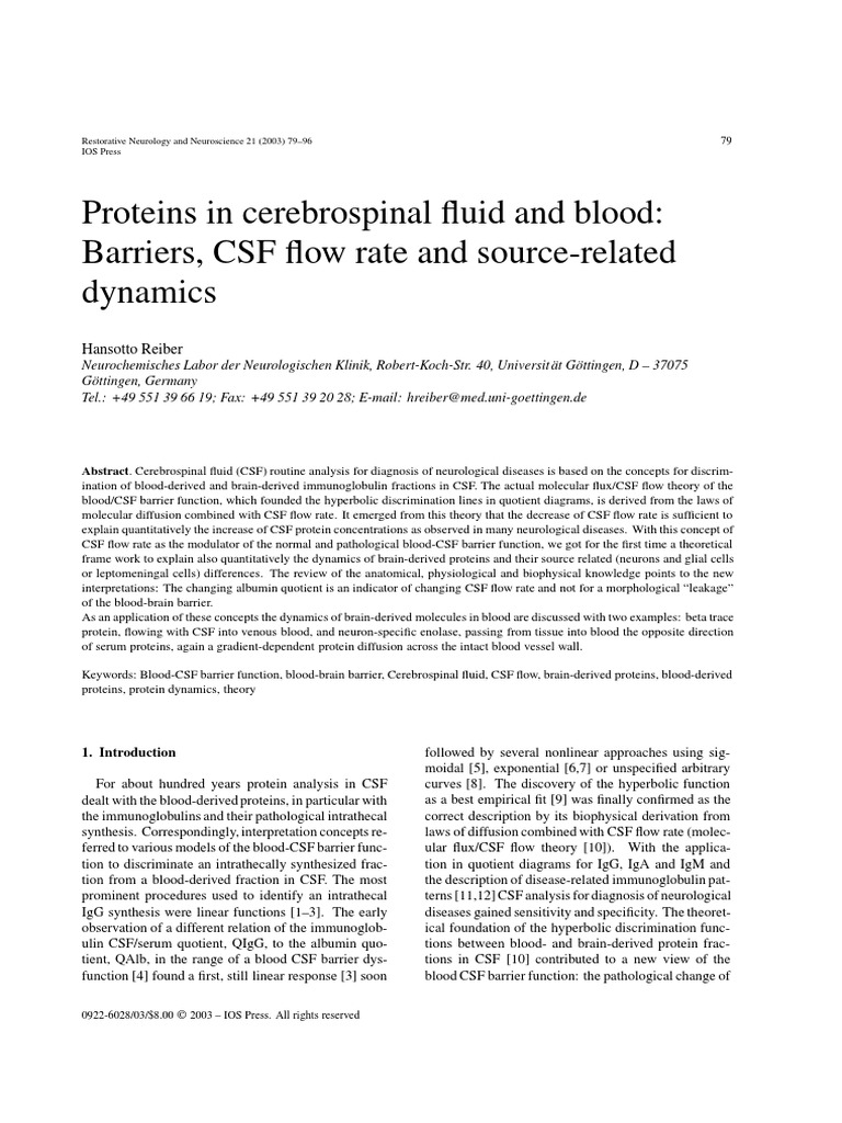 CSF Protein Dynamics and Blood-Brain Barrier | PDF | Cerebrospinal ...