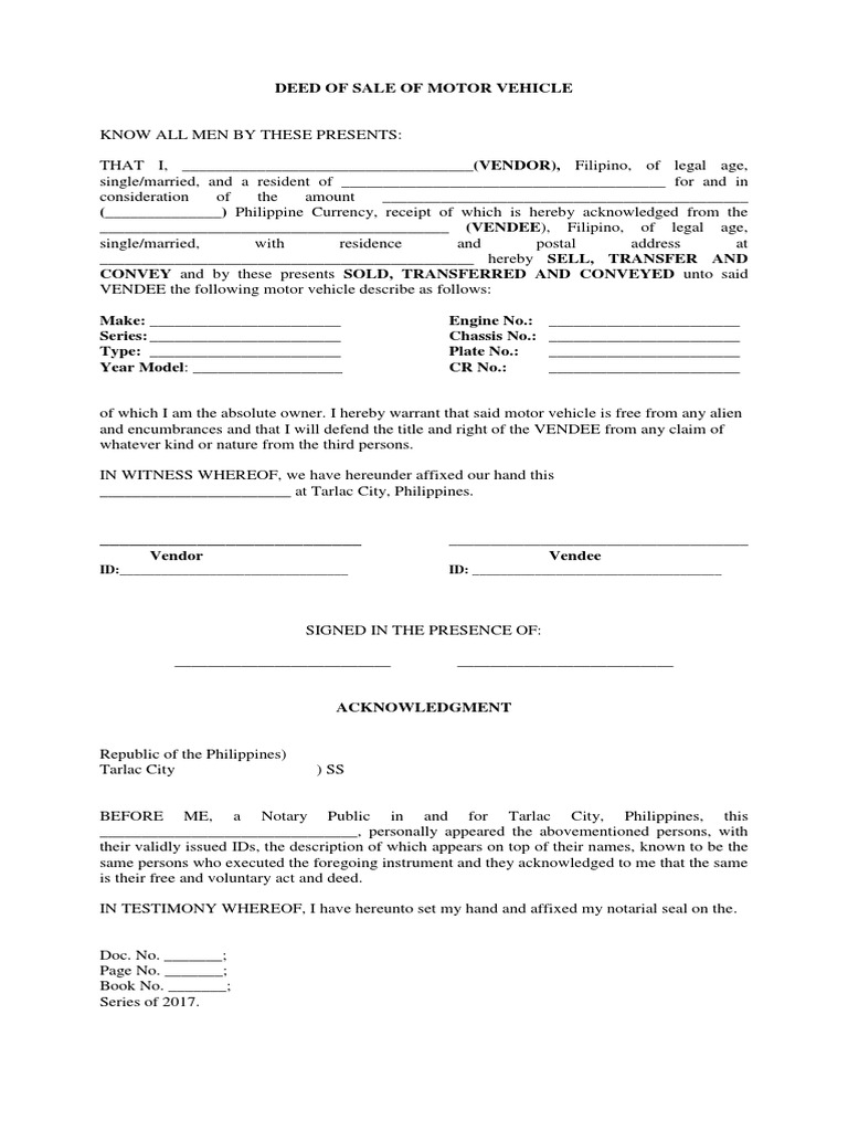 Motorcycle Deed of Sale Template | PDF | Automobiles | Motor Vehicle