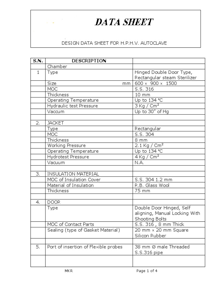 H.P.H.V. Autoclave Design Specifications | PDF | Steam | Materials