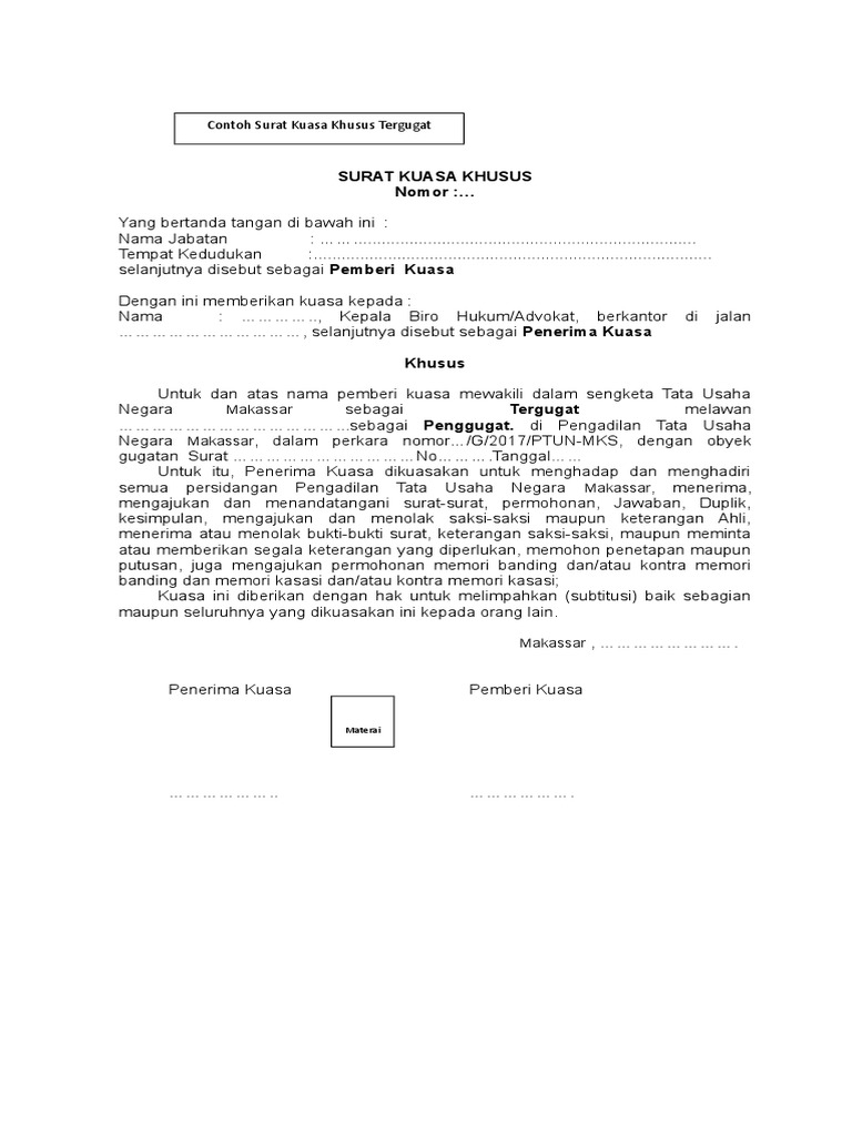 Contoh Surat Kuasa Khusus