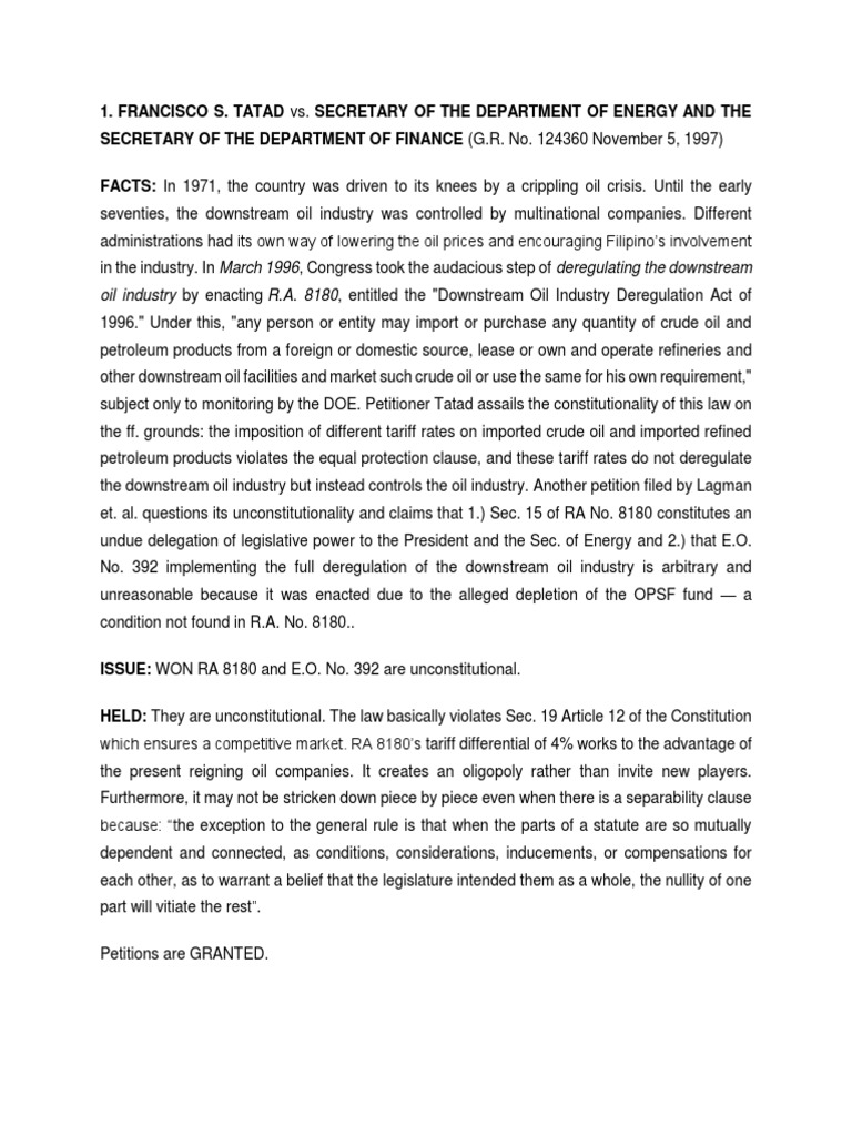 Oil Industry by Enacting R.A. 8180, Entitled The "Downstream Oil Industry Deregulation Act of
