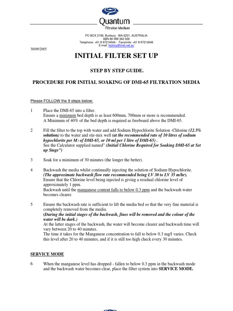 DMI-65 Filter Setup Guide | PDF | Chlorine | Filtration