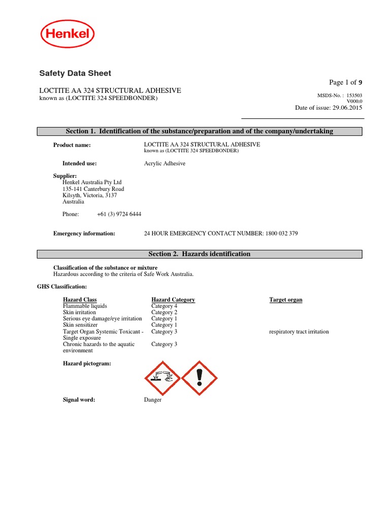 SDS Loctite AA 324 PDF Dangerous Goods Carbon