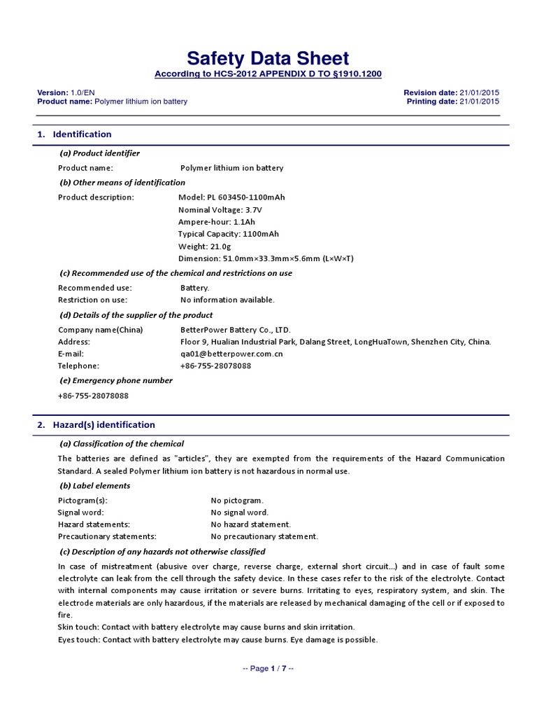 Safety Data Sheet: 1. Identification | PDF | Lithium Ion Battery ...
