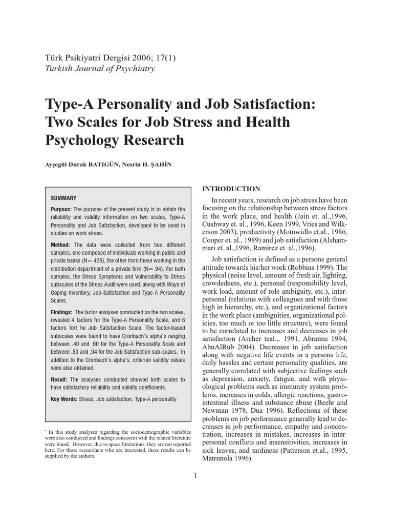TypeA Personality and Job Satisfaction Two Scales For Job Stress and