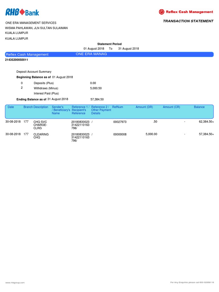 Reflex Cash Management One Era Manag: Statement Period | PDF