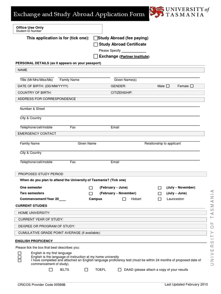 UTAS Study Abroad Application Form | PDF | International Student ...