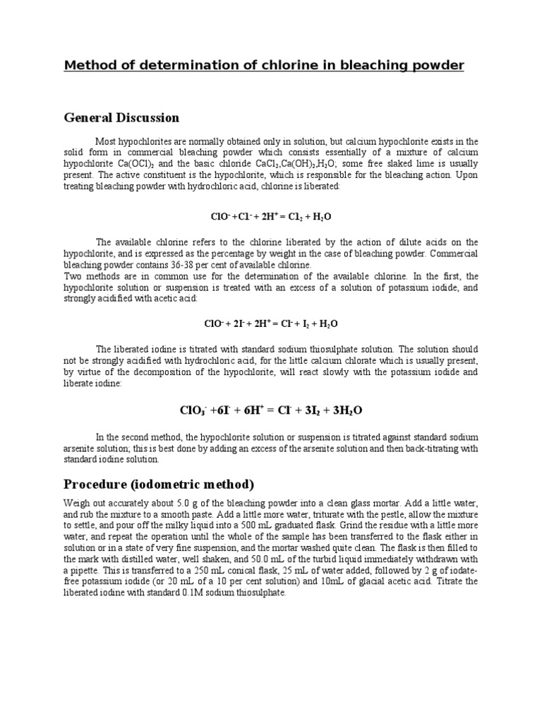 Method of Determination of Chlorine in Bleaching Powder Chlorine Atoms