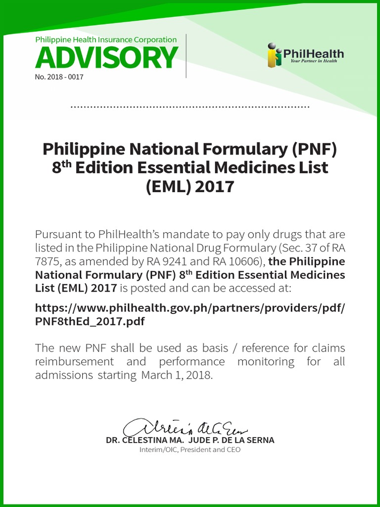 Philippine National Formulary (PNF) 8 Edition Essential Medicines List