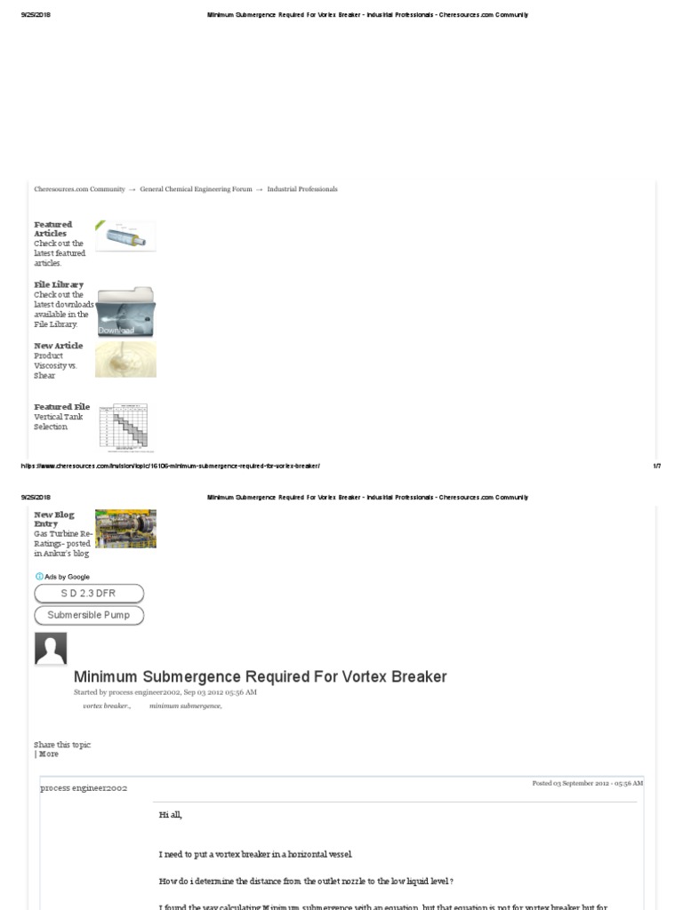 Vortex Breaker Minimum Submergence Guide | PDF | Vortices | Pump