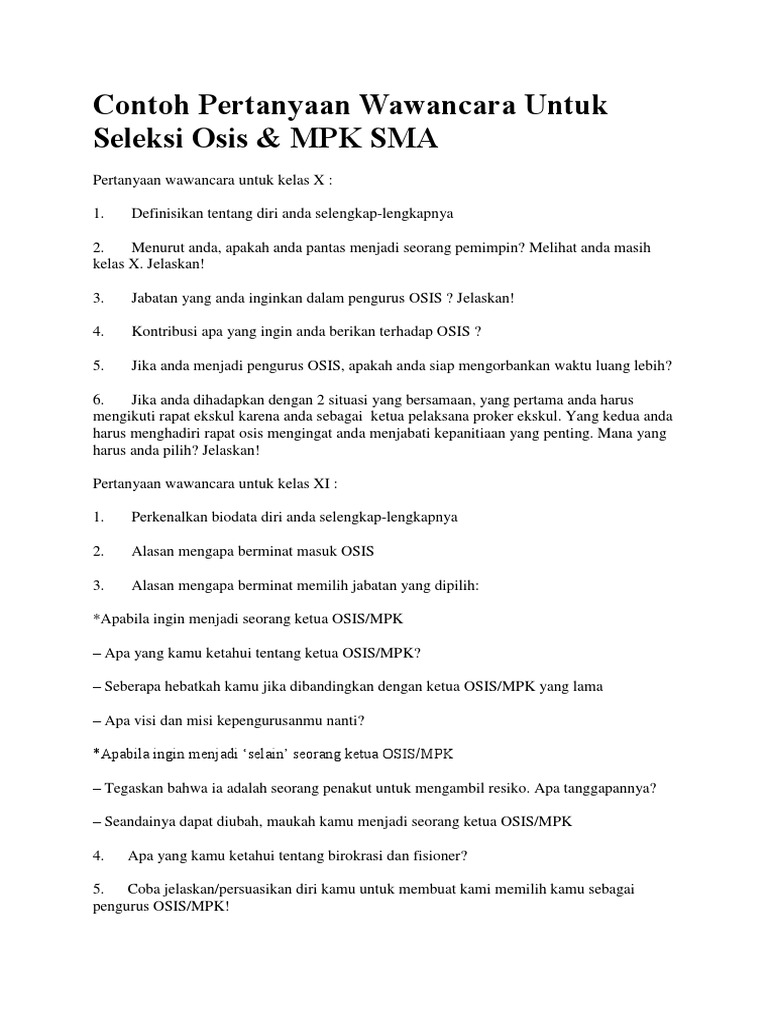 Contoh Pertanyaan Wawancara Untuk Seleksi Osis