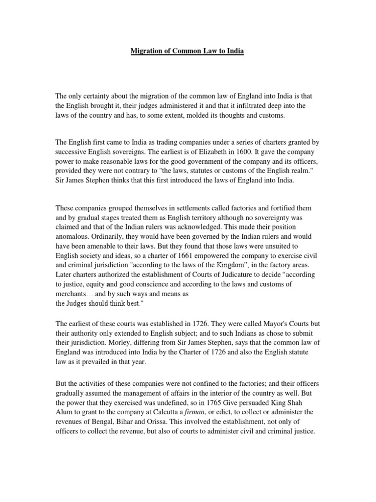 Migration Of Common Law To India English Law - 