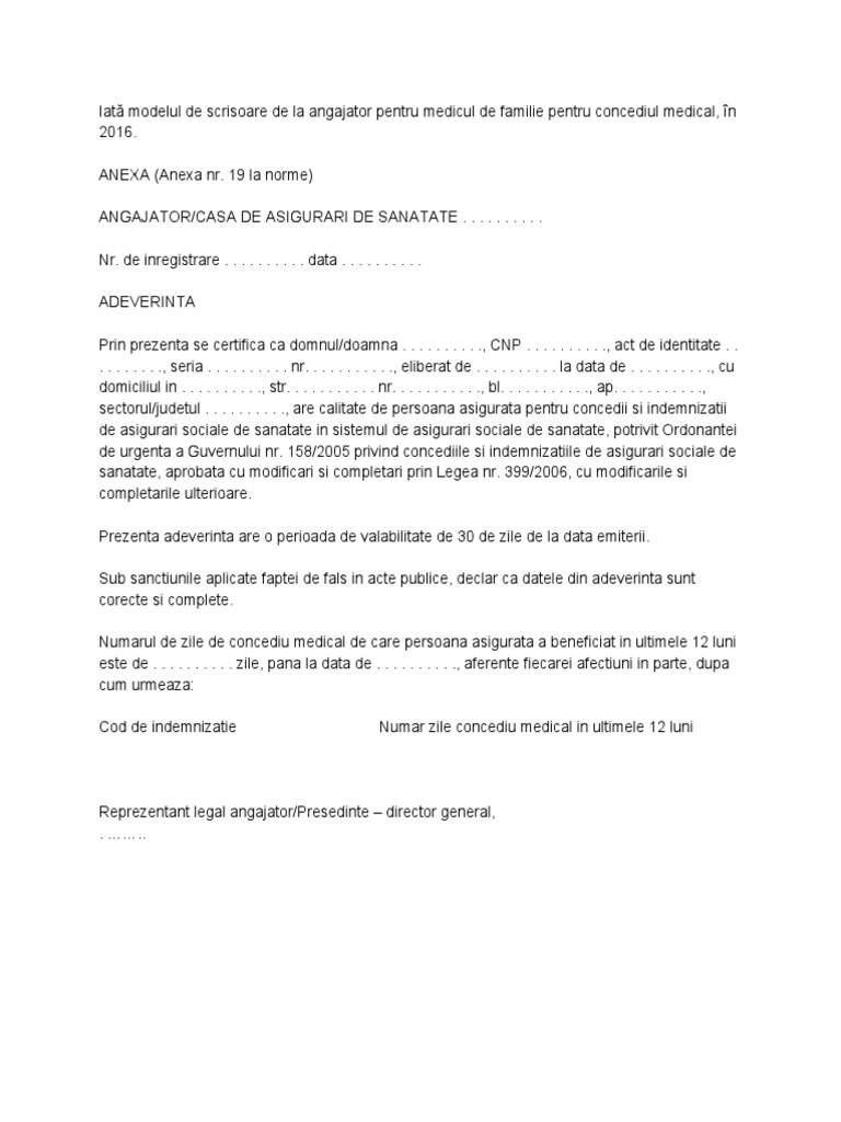 Model Adev Angajator Pt Concediu Medical