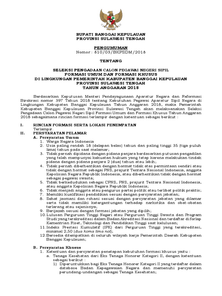 Pengumuman Cpns Kab Banggai Kepulauan Ta 2018 Pdf