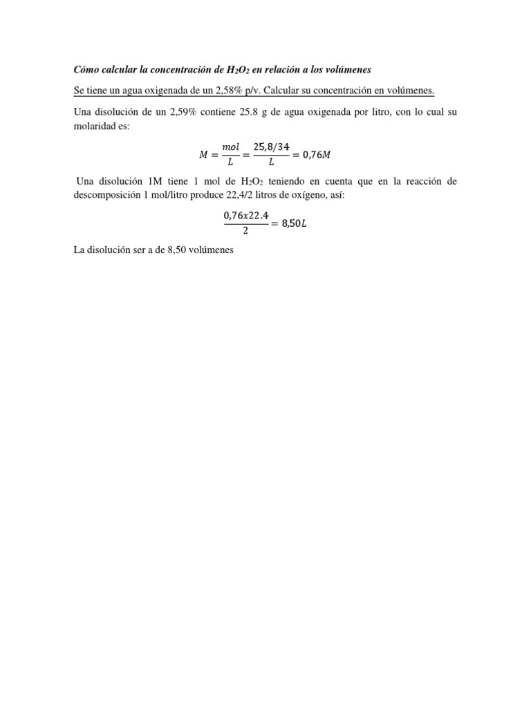 Cómo Calcular La Concentración de H2O2 en Relación A Los Volúmenes ...