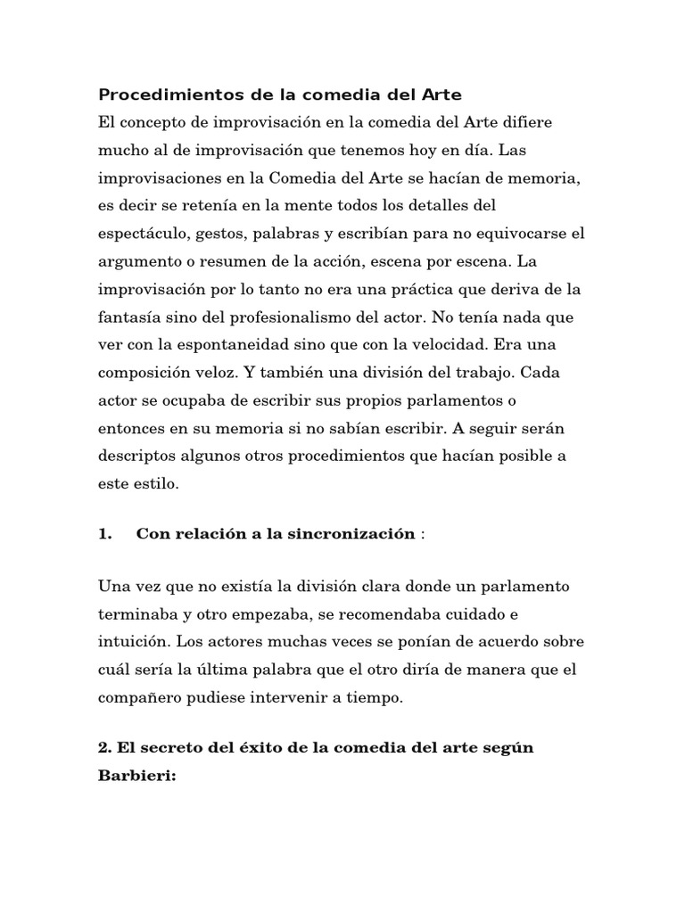 Procedimientos de La Comedia Del Arte | PDF | Improvisación | Commedia ...